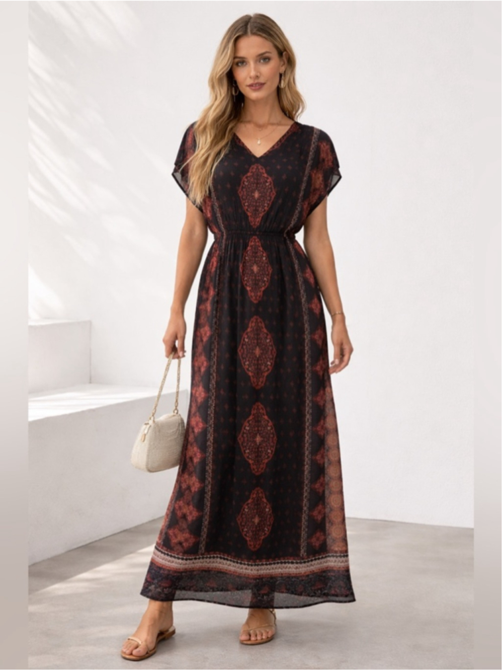Lucky Brand Boho Print Maxi Dress Black Red V-Neck Festival Bohemian sz sm